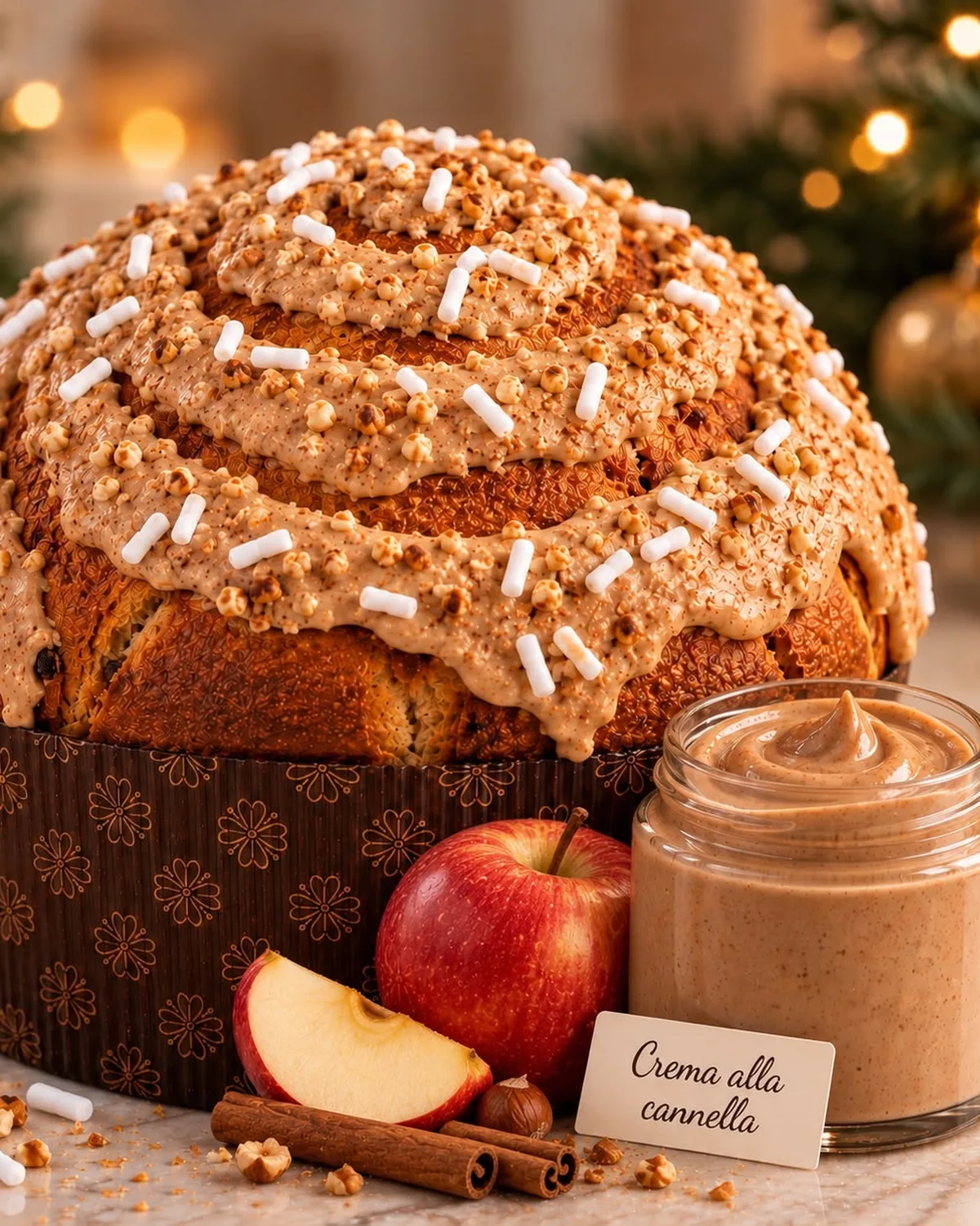 Panettone Mela & Cannella con glassa alle mandorle e vasetto di crema alla cannella